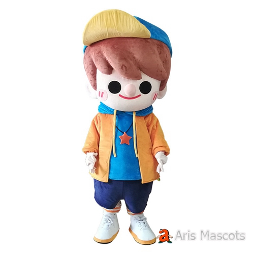 Lovely Big Head Boy Mascot Costume with Blue Hat Adult Size Full Plush ...